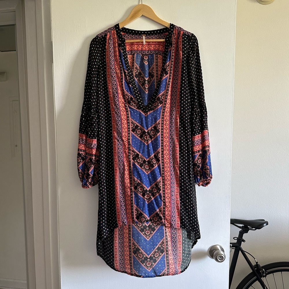 Free People Boho Aztec Print Multicolor Hi-Low V-Neck Tunic Size XS EUC - Picture 5 of 10